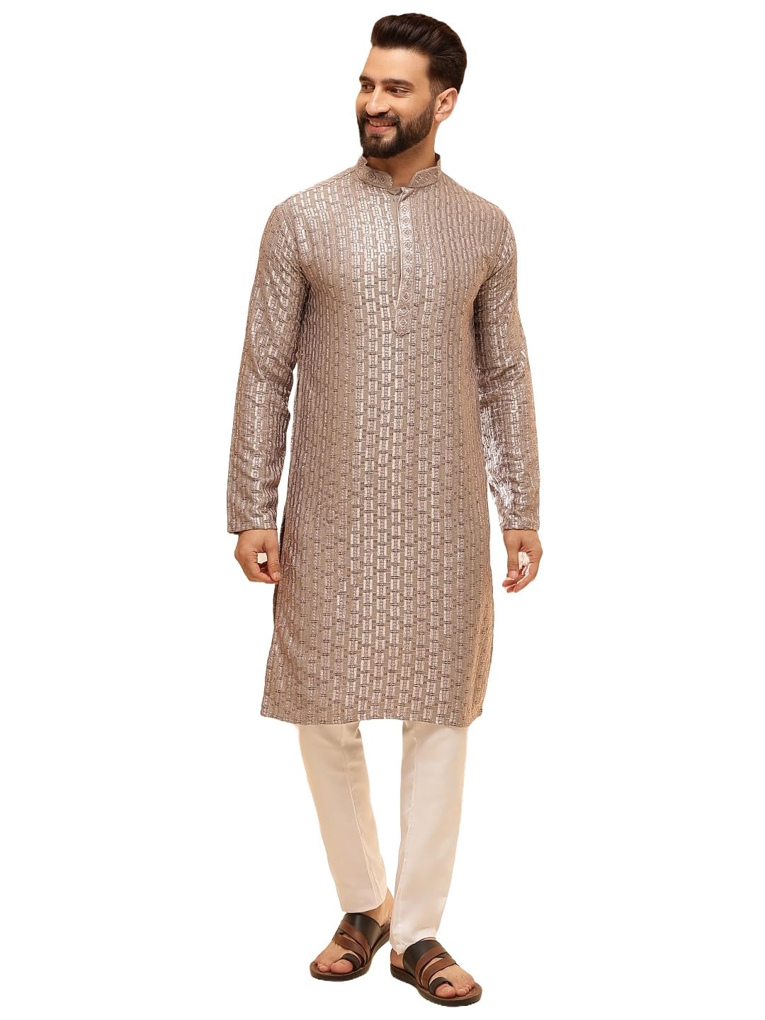 Sojanya (Since 1958 Men's Cotton Rayon Shiny Thread Sequinned Brown Kurta With White Pyjama