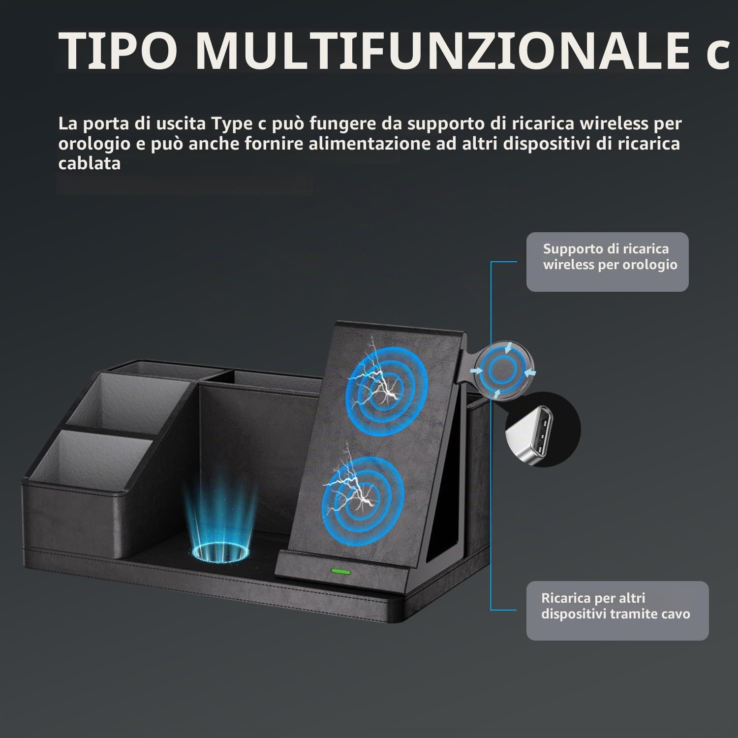 GORESE Organizer da scrivania 3 in 1 con stazione di ricarica induttiva in pelle per ufficio, 30 W ricarica wireless per iPhone 16/15/14/13/12/11/Pro/Max/XS iWatch7/6/5/4/3 AirPods3/2 AirPods 3/2/Pro