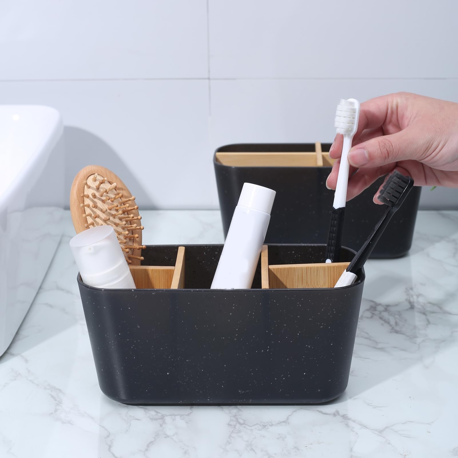 Porte-brosse à dents à 5 compartiments - Grande capacité - Multi- compartiments - Boîte à maquillage - Accessoires de salle de bain - Noir
