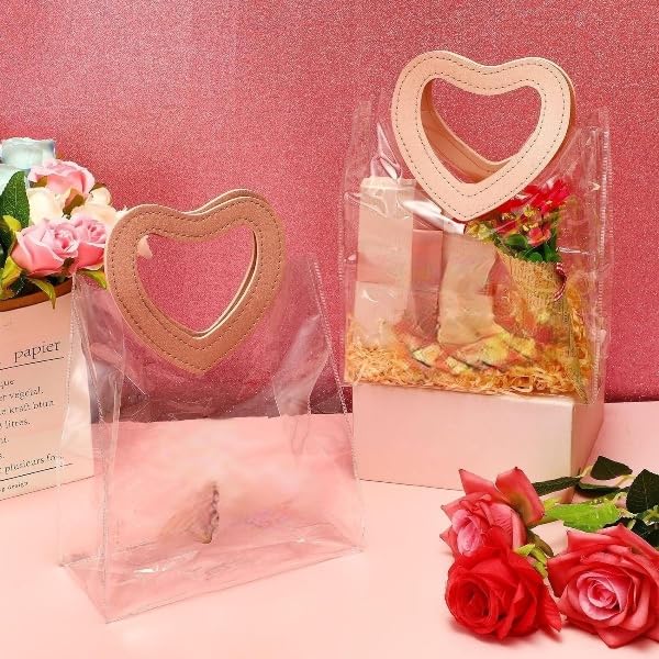 20 Pcs Clear Plastic Gift Bags With Pink Ribbon - 7.1x10.2x3.1 Inch Reusable Party Favor Bags