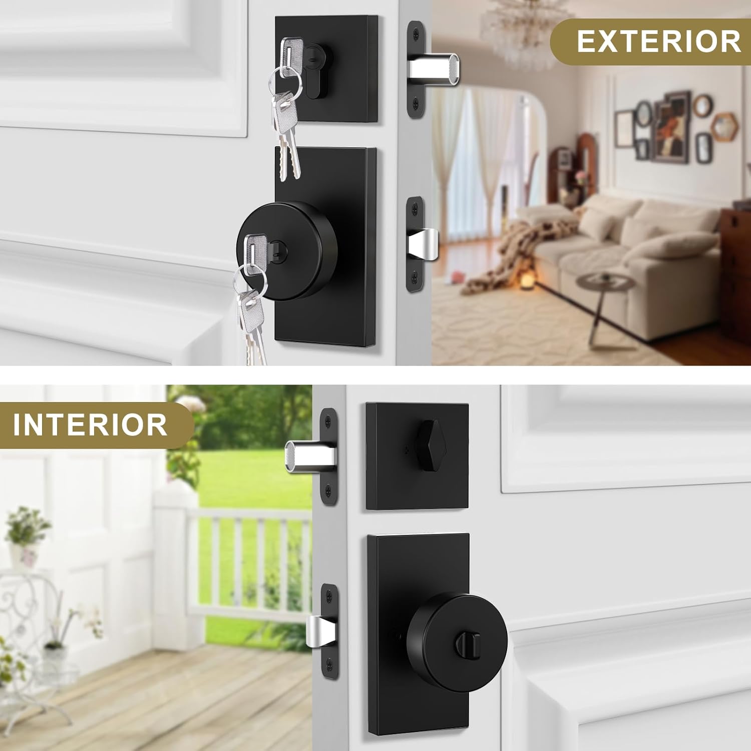 Matte Black Exterior Door Knob with Deadbolt Set - Heavy Duty Zinc Alloy Front Door Lock with Keyed Alike Entry, Square Design, Easy Installation, Fits 2-3/8" or 2-3/4" Backset (1 Pack)