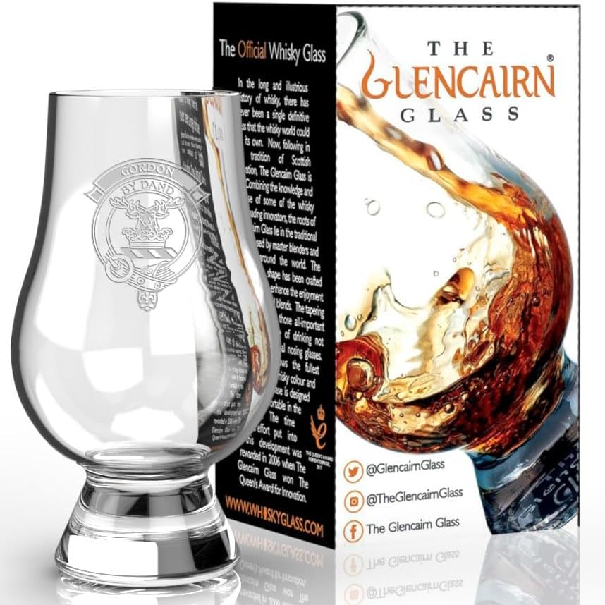 CLAN CREST GORDON ETCHED GLENCAIRN WHISKY GLASS EN CARTÓN DE REGALO
