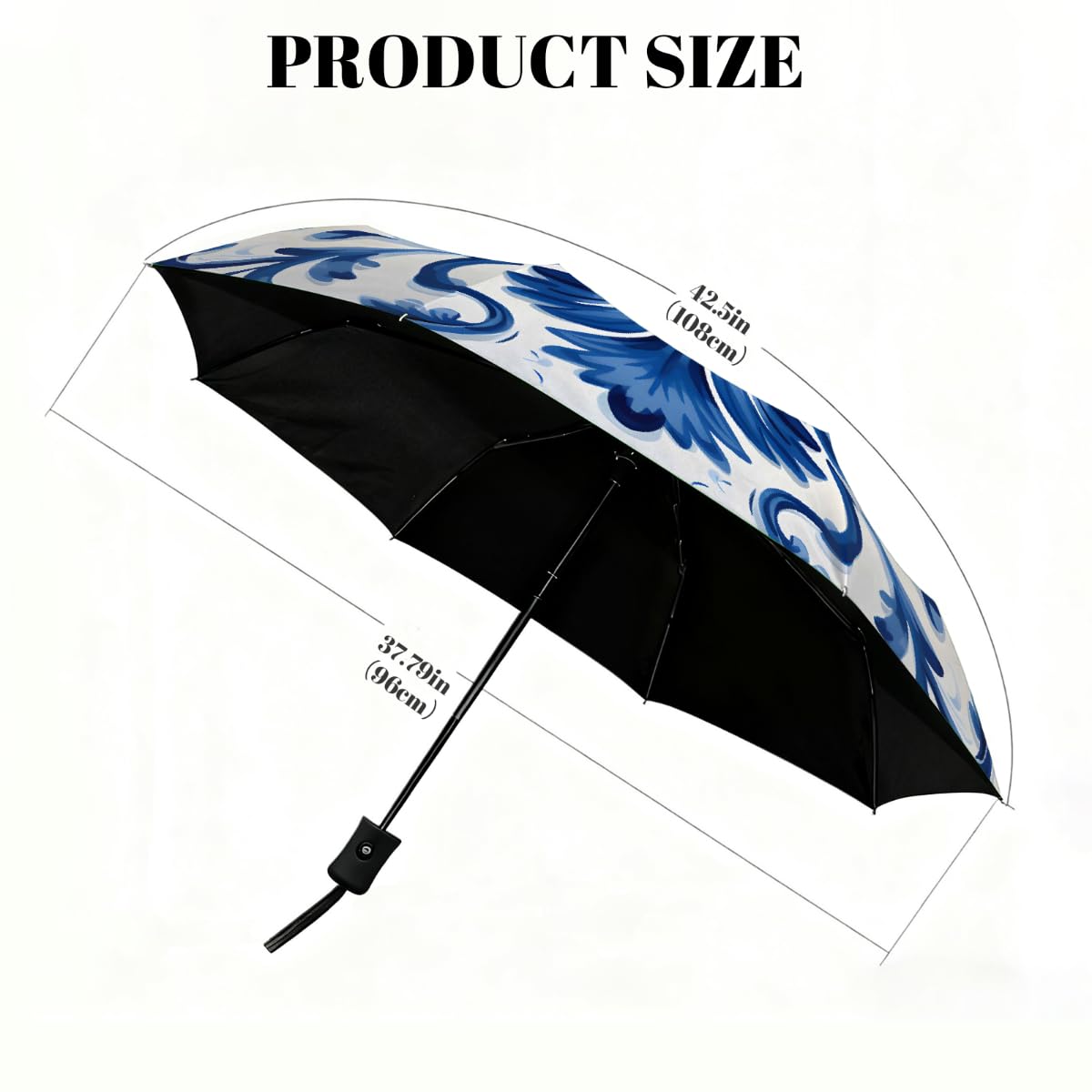 Ombrello pieghevole da viaggio con motivo floreale blu e bianco in ceramica, compatto, antivento, impermeabile con protezione UV, rivestimento nero, leggero, 8 costine, portatile, per pioggia