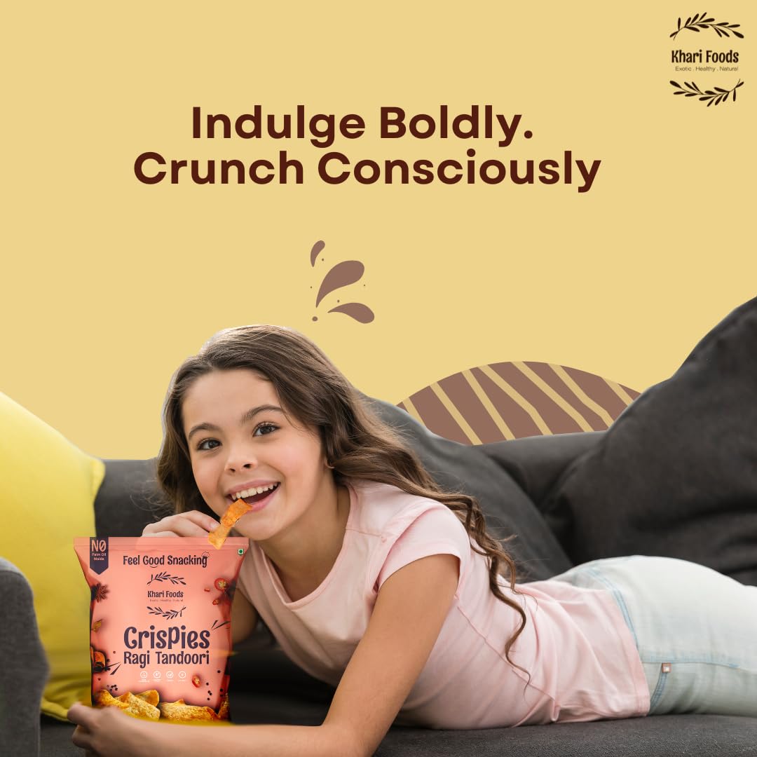 Khari Foods Ragi Crispies, Tandoori Flavoured Chips, No Palm Oil, No Maida, Millet Goodness, Fibre Rich, Zero Cholestrol, Gluten Free Vegan Snacks (50g x 4 Combo) - Image 5 thumbnail