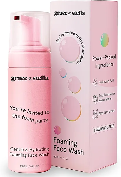 grace & stella Award Winning Hydrating Face Wash (150ml) - Gentle Foaming Facial Cleanser with Hyaluronic Acid, Rose Water, Aloe Vera - Moisturizing Cleansing Foam for Normal to Very Dry Ski