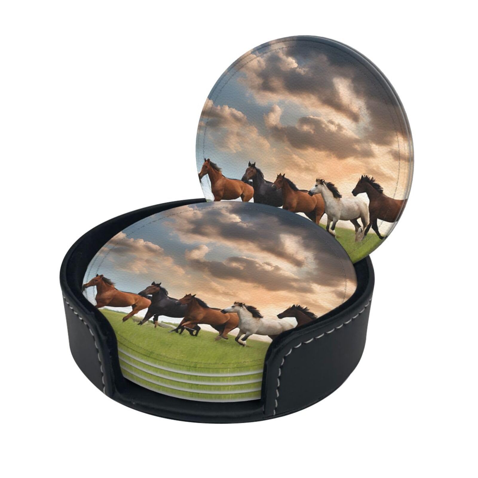 Horse Print Print Coaster,Round Leather Coasters with Storage Box for Wine Mugs,Cold Drinks and Cups Tabletop Protection (6 Piece)