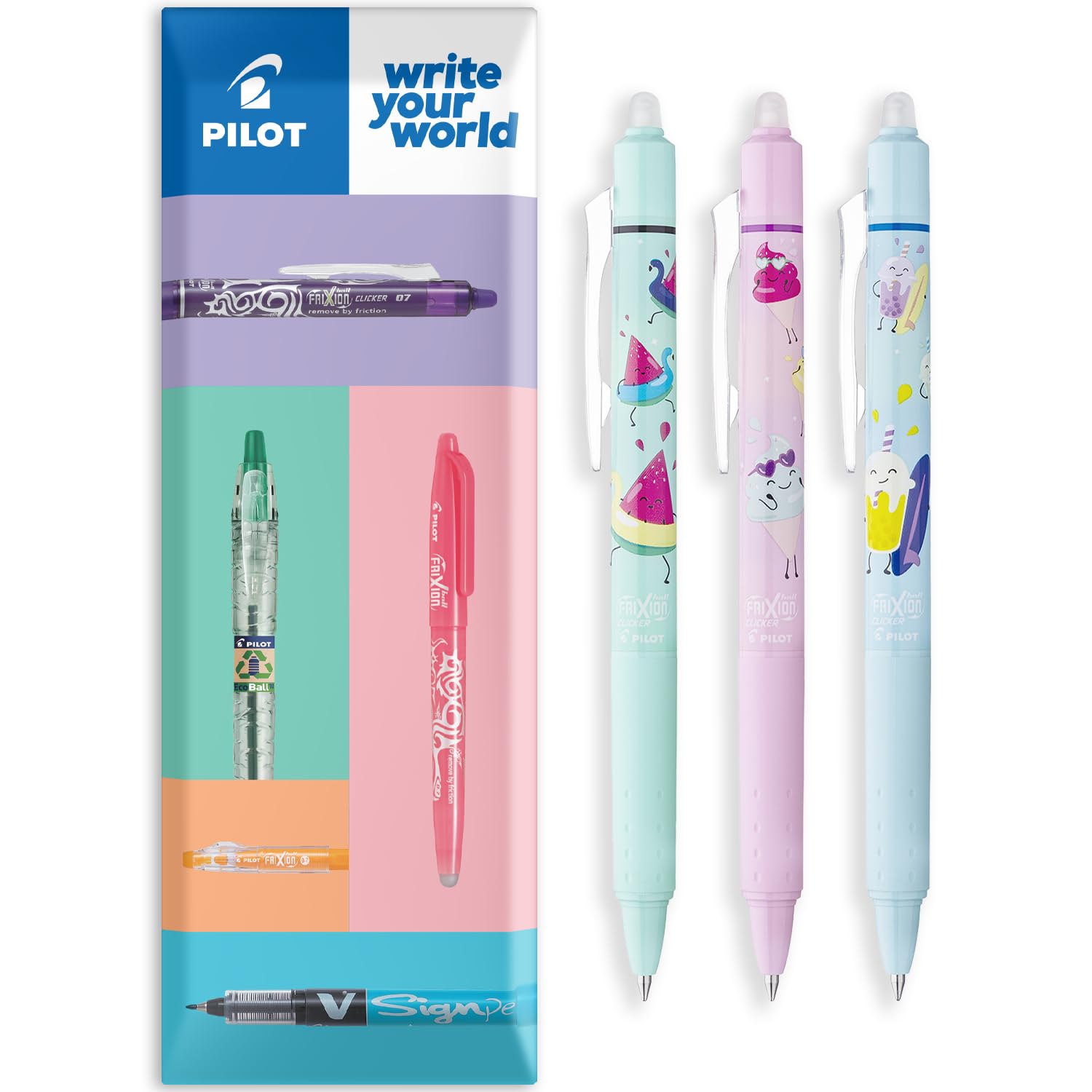 PILOT FriXion Ball Clicker Pool Party Erasable Gel Pen, Pack of 3