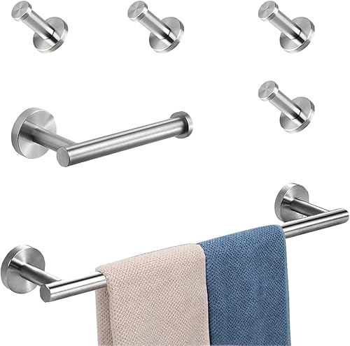 Vanloory Juego de 5 piezas de accesorios de baño de acero inoxidable 304, toallero que incluye toalla de mano de 24 pulgadas de largo+soporte de