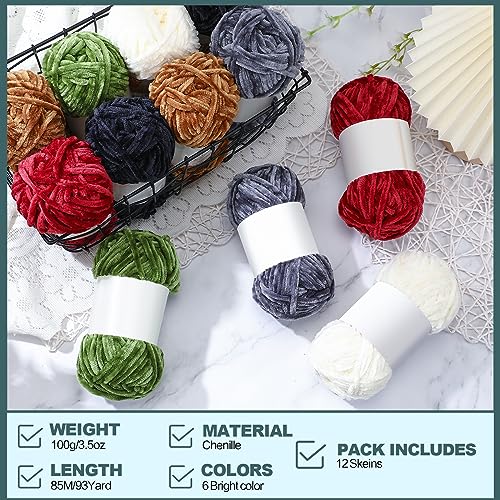 Image of Xinnun 12 Skeins 1116 Yards Chenille Velvet Soft Thick Plush Yarn Bulk for Crocheting Knitting Blanket DIY Weaving Craft, 6mm, 3.5 Oz /Skein(Simple Color)