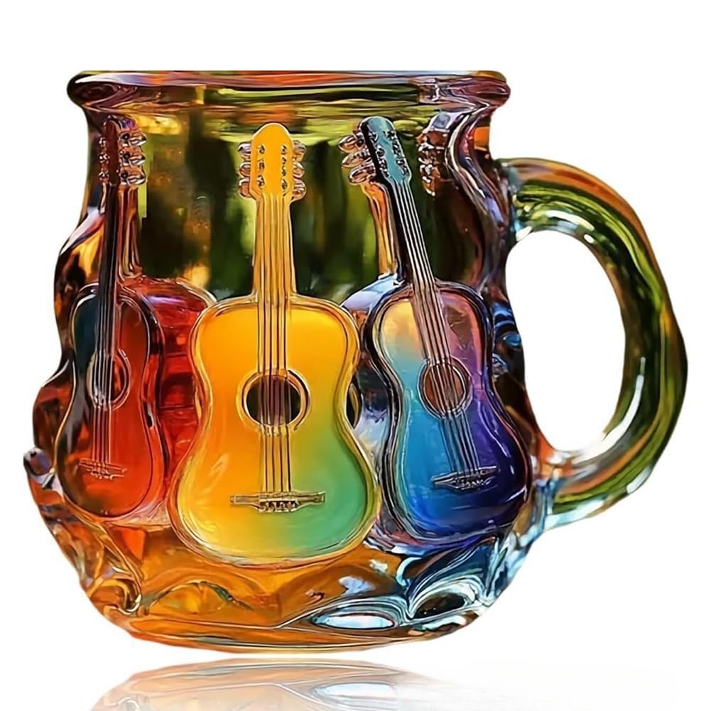 CTRLZS For Musical Instrument Pattern Coffee Mug-Guitar Design, 3D Rainbow Glass Cup for Music Lover Enthusiasts