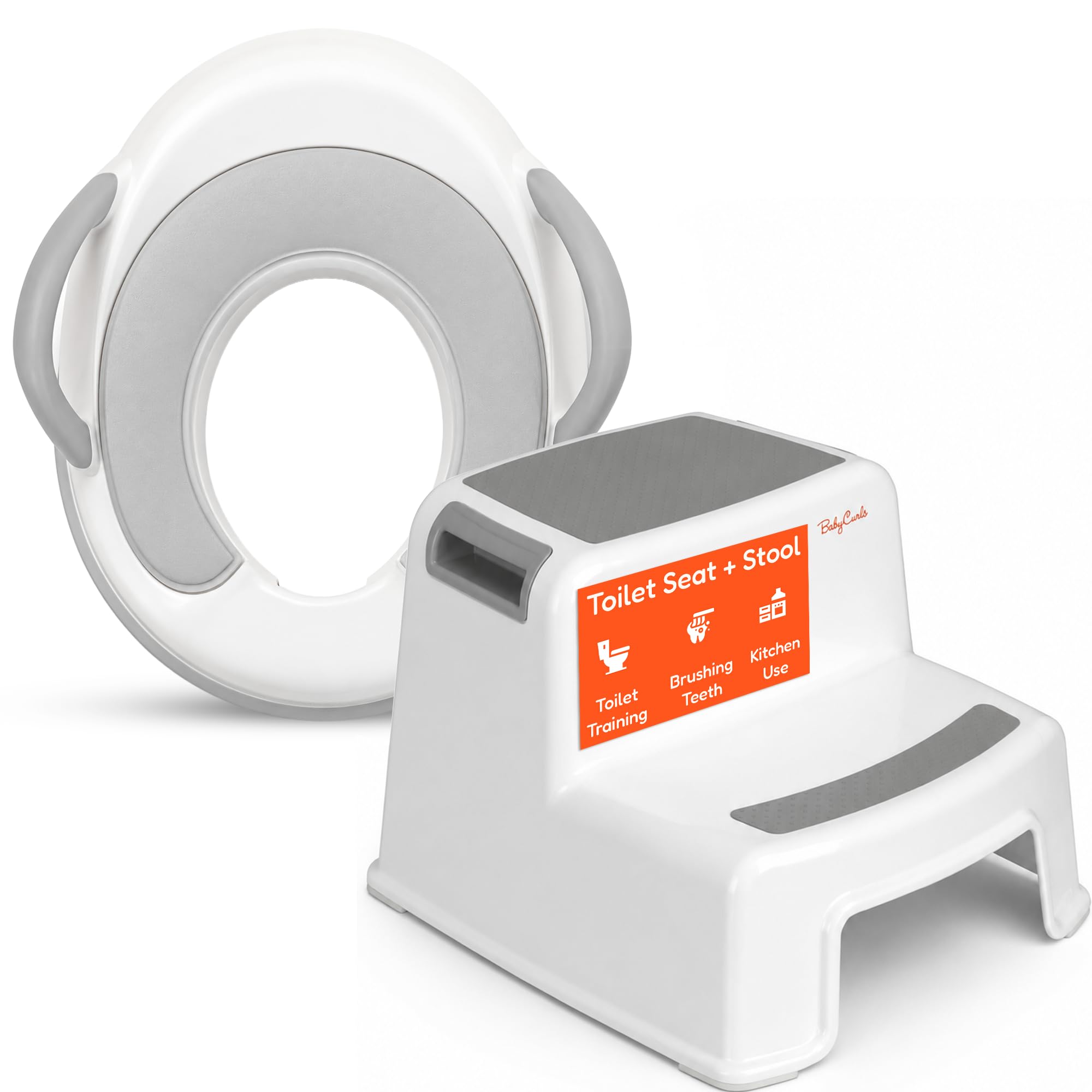 Babycurls Toddler Toilet Training Seat with Handles and Non Slip Double Step Stool Combo - Secure Fit, Anti-Slip Surface and Lightweight Portable Design for Safe Stress-Free Kids Potty Toilet Training