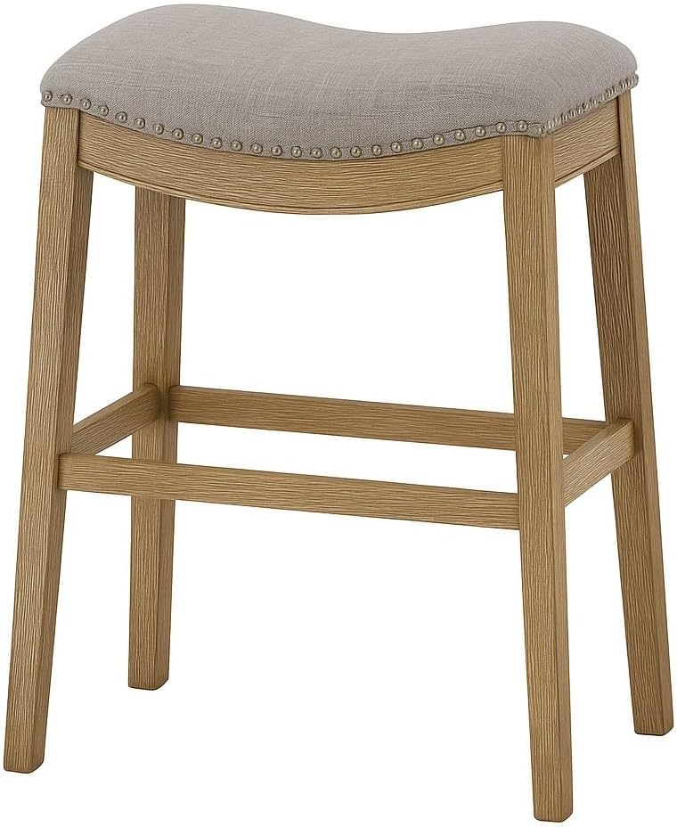 New Ridge Home Goods Julian 26in. Counter-Height Backless Wood Saddle-Seat Barstool, Espresso Frame with Gray Upholstered Seat
