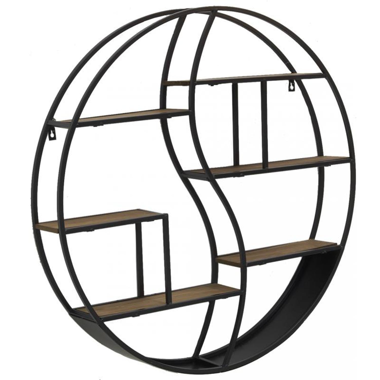 AUBRY GASPARD - Étagère Murale Ronde Métal et Bois Médium - 6 Étagères - Ø 80 cm x Profondeur 12 cm - Noir Naturel - Livrée Montée - Poids 6 kg - Idéale Salon/Bureau - Design Moderne