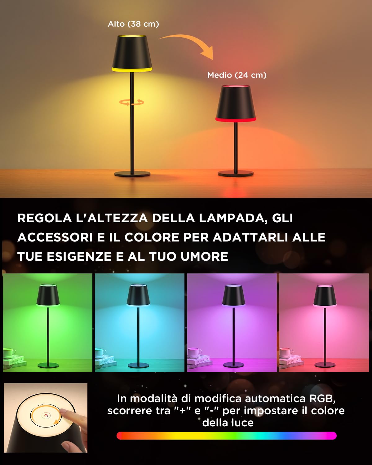 NIBSHOOM Lampada da Tavolo Senza Fili Dimmabile,5200mAh Lampada da Tavolo Ricaricabile con Luce Calda e RGB,Altezza Regolabile e IP54 Impermeabile per Esterno,Camera da Letto,Sala da Pranzo(2 pezzi)