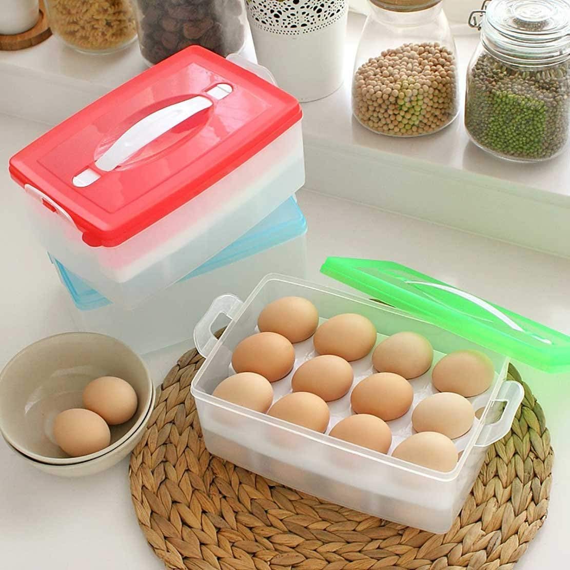 TOPHAVEN Plastic Double Layer Refrigerator 24 Eggs Storage Box Airtight Basket (Multi Color) (Pack of-02)