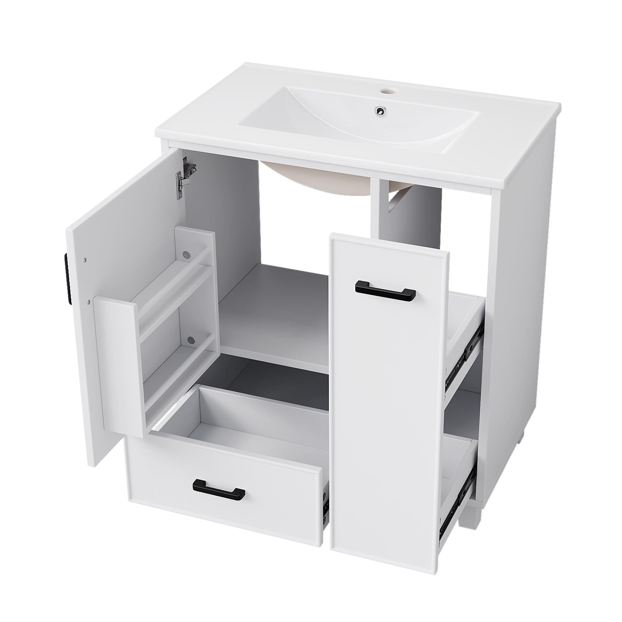 76,5 x 47 x 82 cm, mobiletto sottolavabo bianco, lavabo in ceramica integrato, superficie verniciata, estraibile laterale a due livelli (stile 1)
