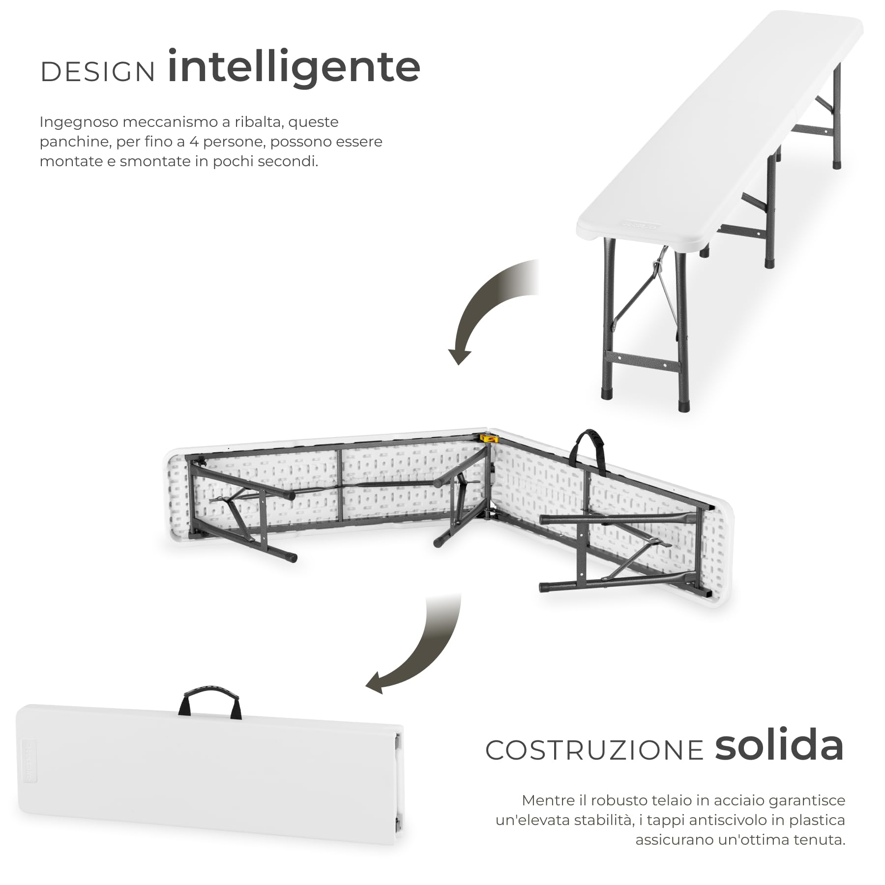 tectake® Set 2x Panchina da esterno 180x27,5x42 cm, Set 2 Panche Pieghevoli da Campeggio Formato Valigia, Struttura in Acciaio, Blocco di sicurezza, Ideale per Giardino, Campeggio, Spiaggia - Bianco