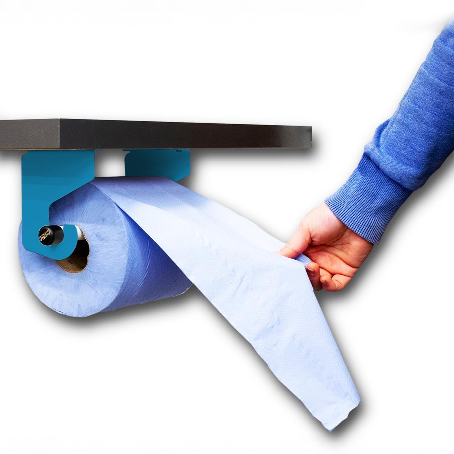 Megamaxx Aqua Uk Under-Desk & Under-Counter Blue Roll Holder & Dispenser - Powder-Coated Steel Brackets - Under-Mount Paper Roll Holder For Workshops, Kitchens & Workbenches - Uk Made