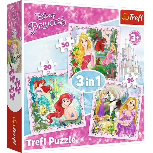 Trefl, Puzzle, Rapunzel, Aurora y Ariel, Princesas Disney, de 20 a 50 Piezas, 3 Conjuntos, para niños a Partir de 3 años