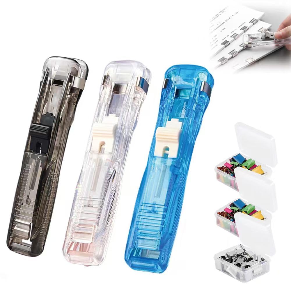 Zavqiro 3-Color Handheld Clamp Clip Dispenser Set (Clear/Black/Blue) with 150 Metal Clips (50 Silver + 100 Colored), No-Hole Punch Reusable Document Organizer for Office & Home