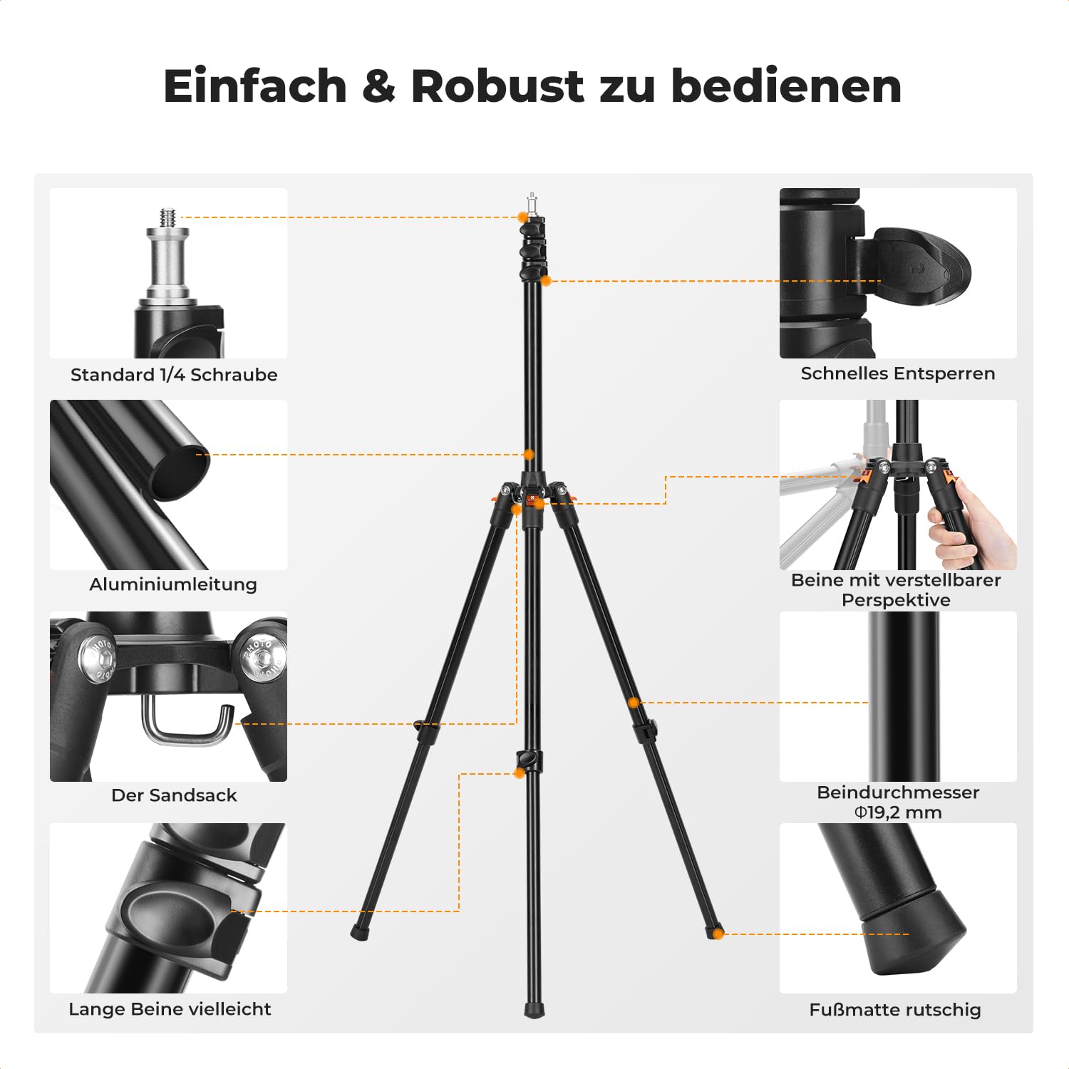 K&F CONCEPT 200cm Alu Fotografie Lichtstativ mit 1/4" Srew & Stativtasche | 6.5 lb/3kg Last Umgekehrt klappbares Kamera Stativ für Strobe Licht Kamera Softbox