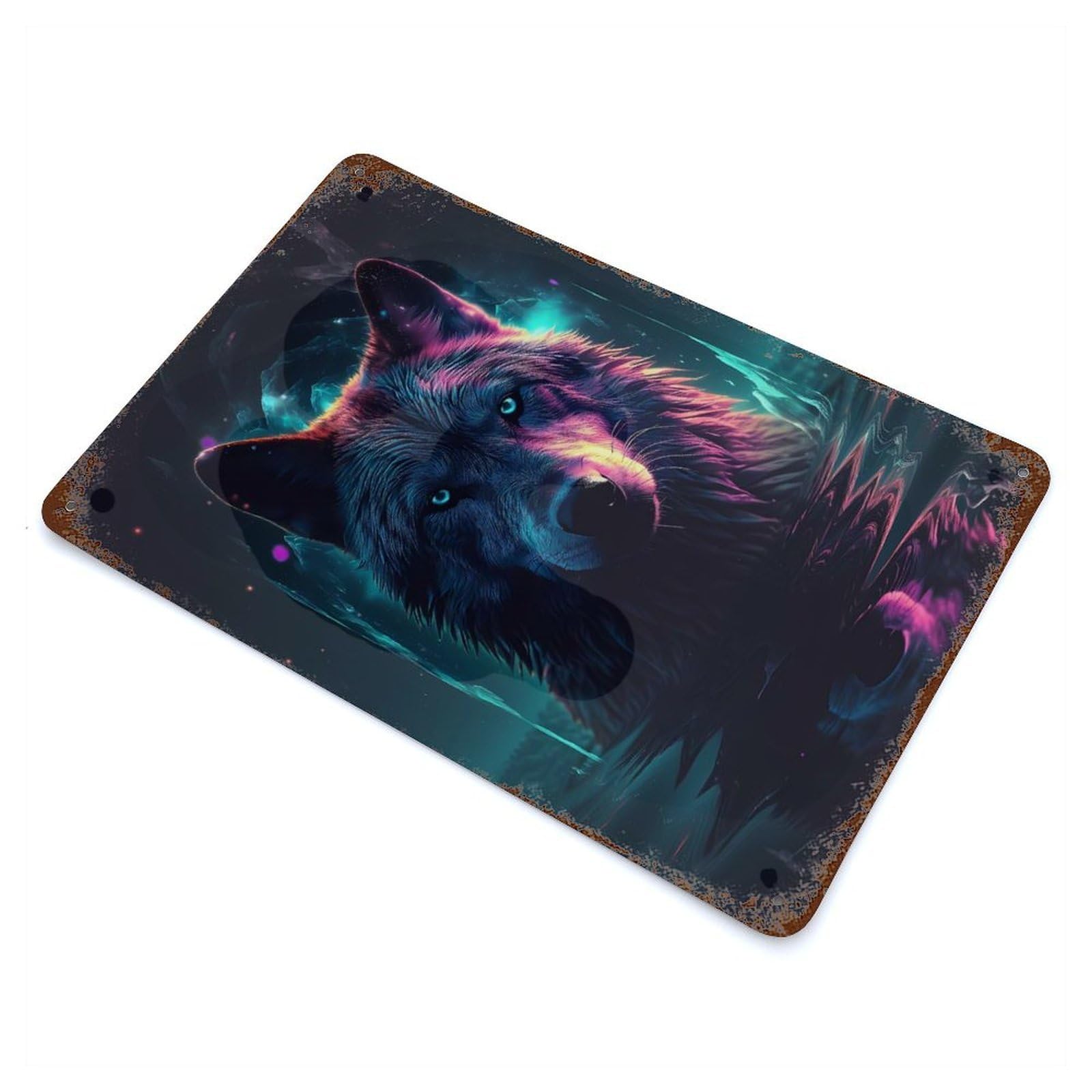 Distressed Metal Wall Sign Wolf Water Neon Artwork 11.8"x7.9", Vintage Wall Decor for Cafe, Home Bar And Lounge Decor
