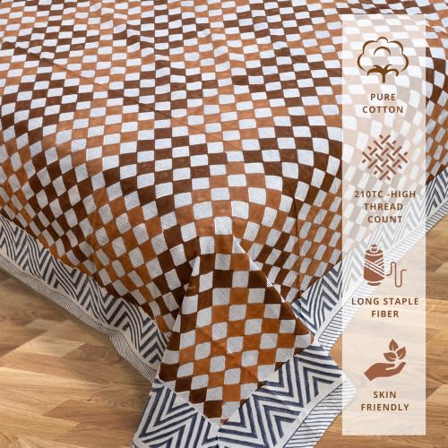 Image of TOAI Hand Block Printed Bedsheet | Bed Spread Flatsheet Bed Sheet | Pure Cotton | Queen Size 90 inchx108 inch | 210 TC Luxury Cotton | 2 Reversible Pillow Covers |Brown Checks Blue Lines