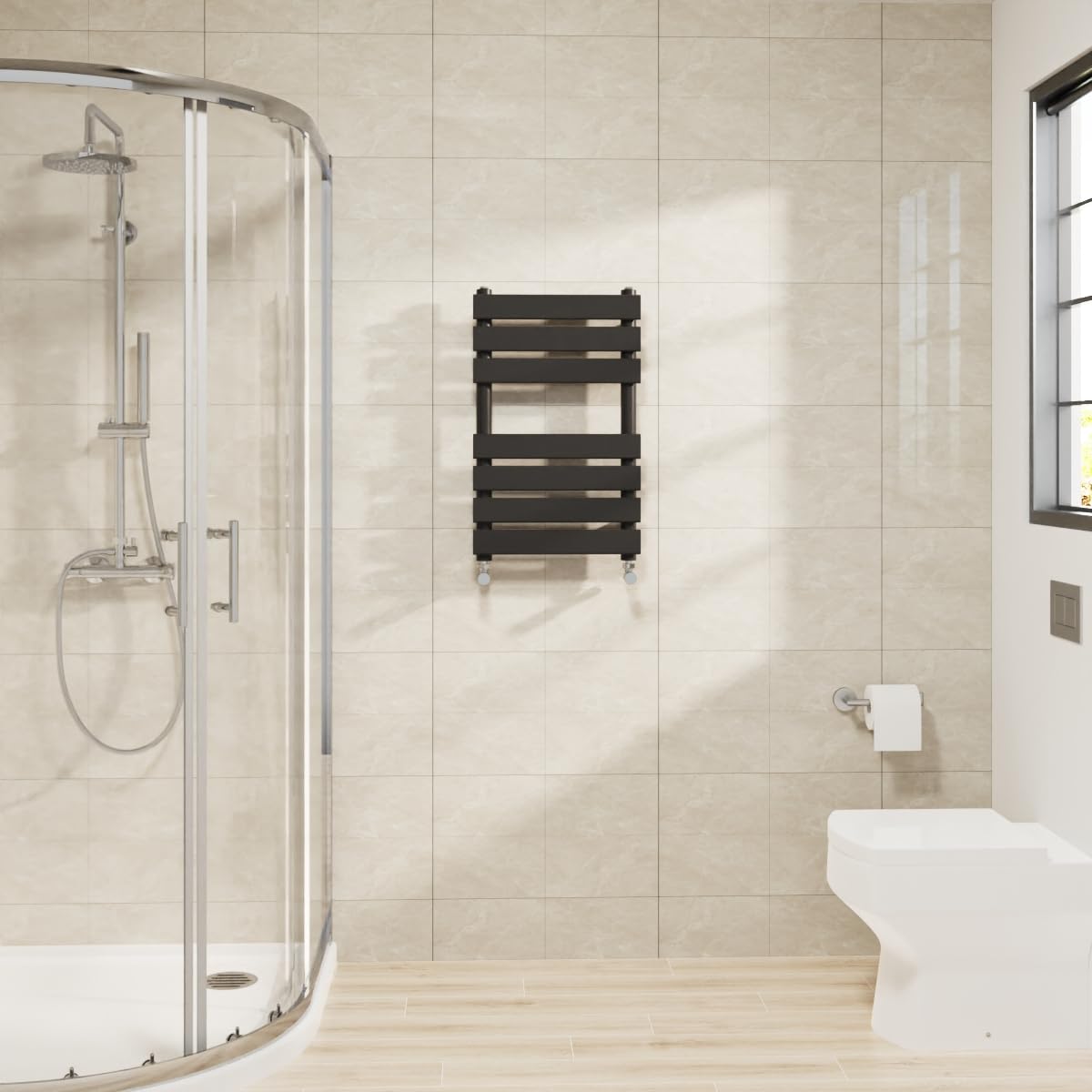Warmehaus Black Flat Panel Heated Towel Rail Bathroom Ladder Radiator Warmer 650X400mm