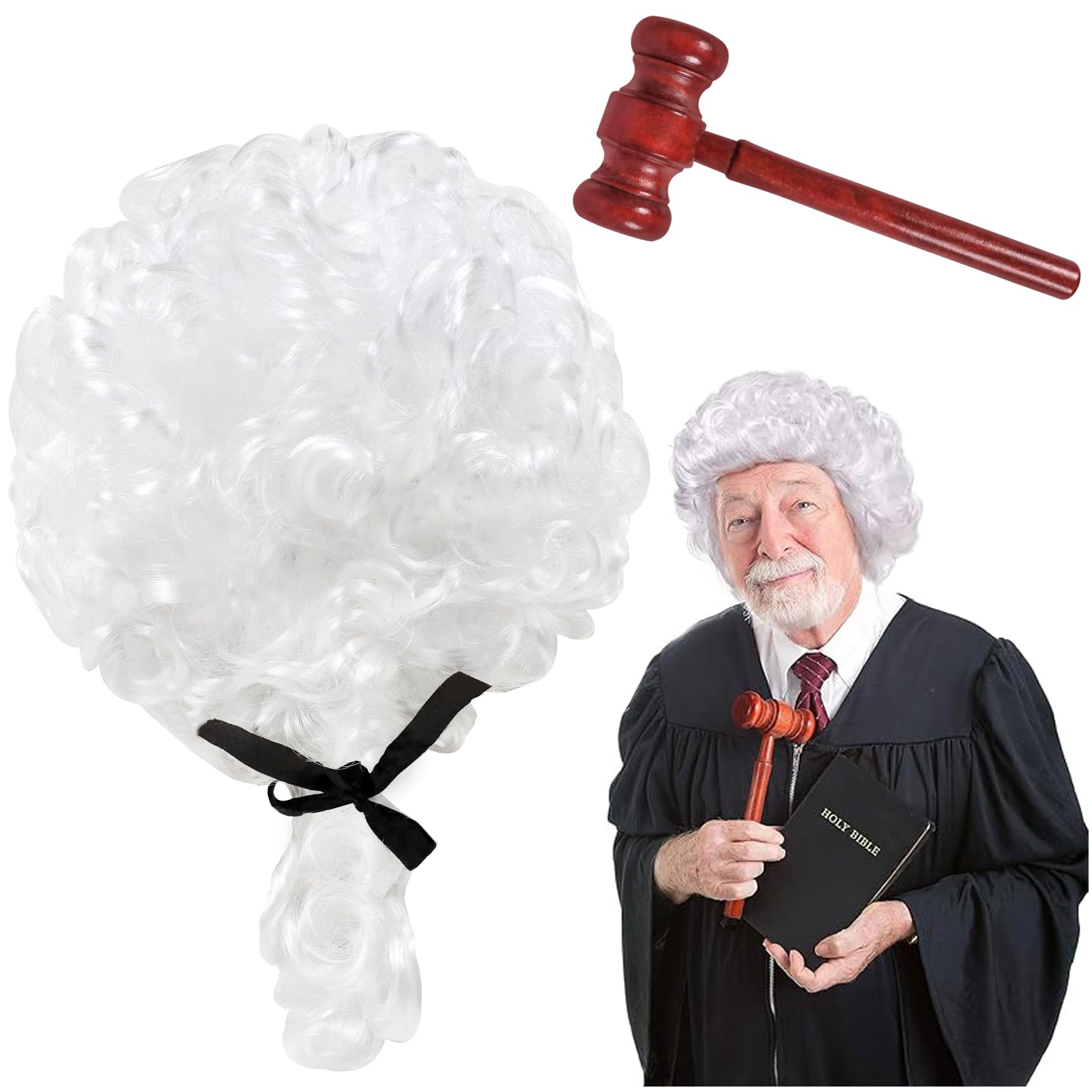 2 Pcs Judge Costume Accessories, Judge Wig Wooden Judge Gavel Toy, Barrister Wig For Court Costume And Role Play, Lawyer Wig Headwear Accessories for Cosplay Halloween Costume Accessories Theme Party
