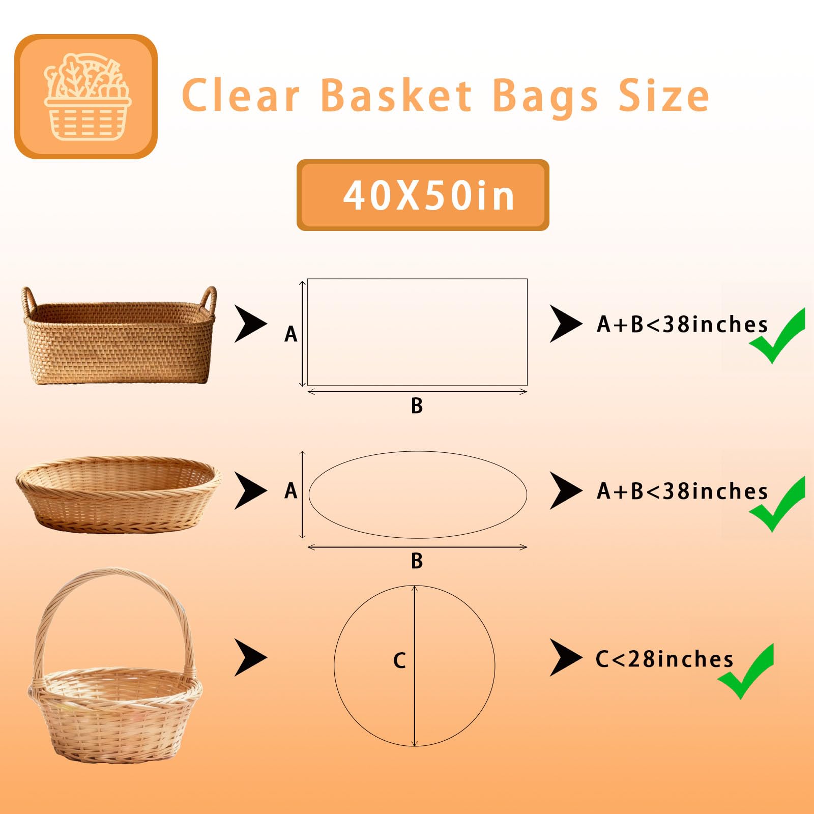 Volokitx 7-Pack 40x50 Inch Clear Cellophane Bags with 8 Colorful Pull Bows,Extra Large Cellophane Wrap for Gift Baskets, Baby Showers, Raffles, and Charity Auctions