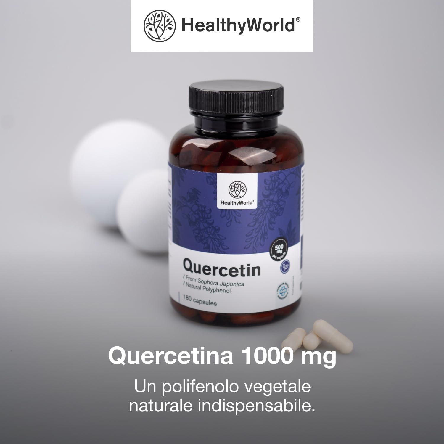 HealthyWorld Quercetina 1000 mg – 180 Capsule Vegetali – Dall'estratto dei fiori di sophora del Giappone – Alto Contenuto di 1000 mg per Capsula – Senza OGM e allergeni – Scorta per 3 mesi