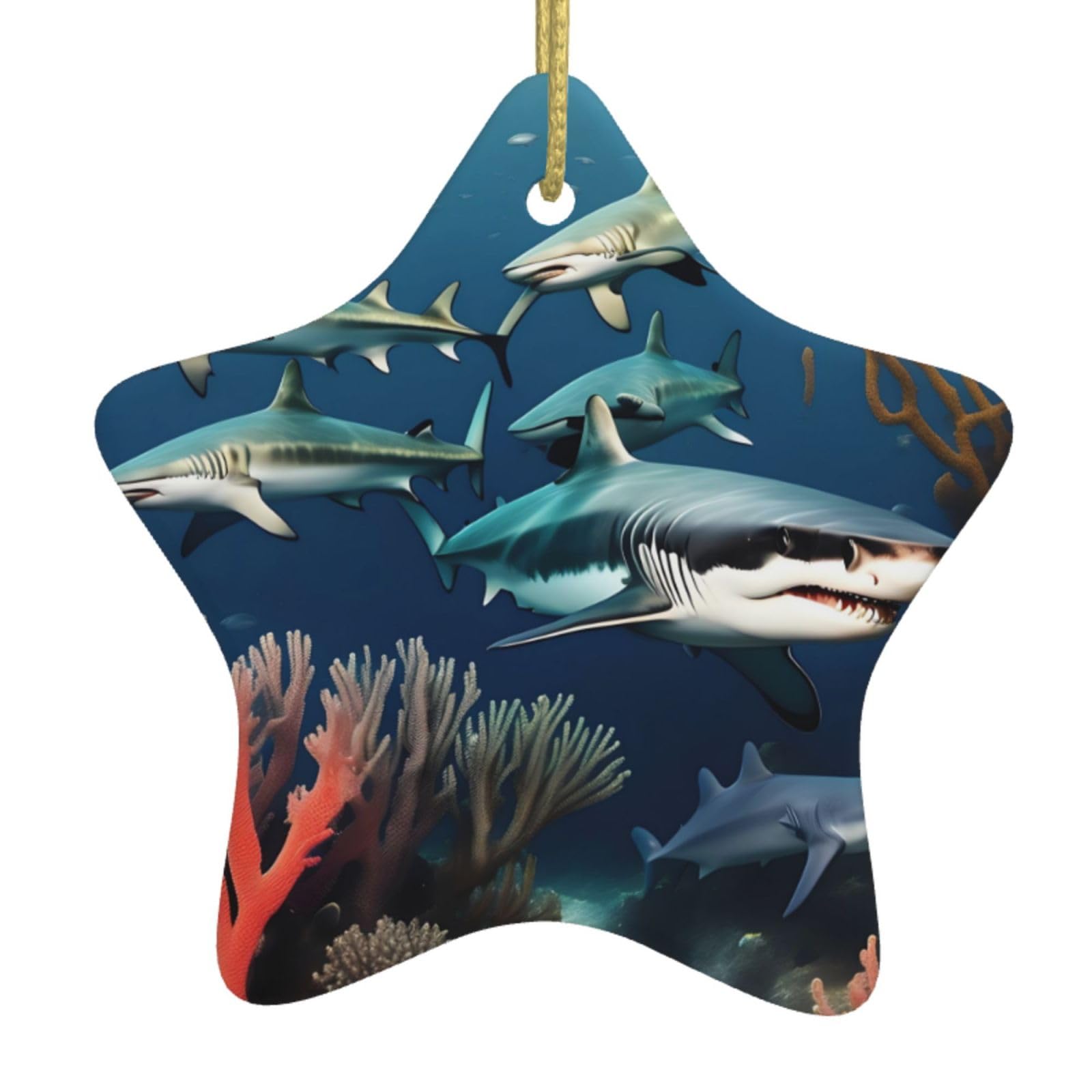 Sharks Under The sea Christmas Ceramic Star Pendant with Punched Holes and Gold Wire Rope, Christmas Tree Home Decoration
