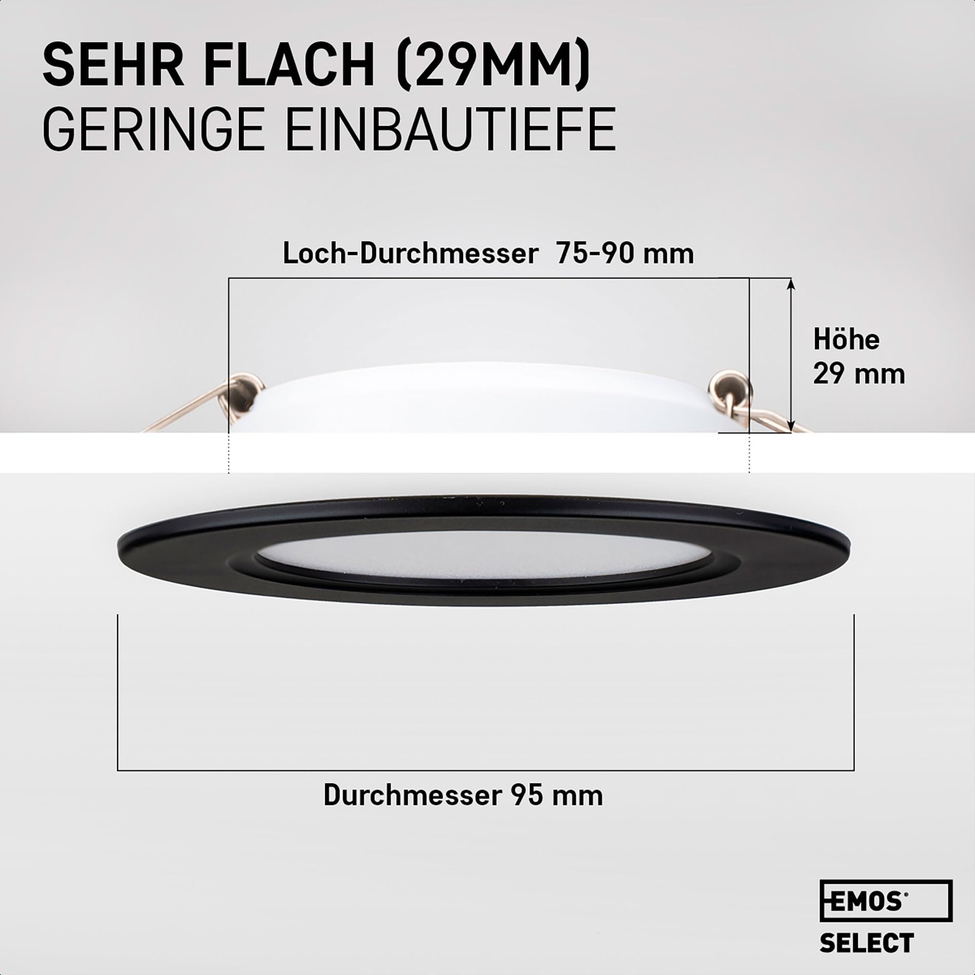 Emos Exclusive Einbaustrahler LED Spots 230V, 5W, 500lm, 3000K warmweiß | Set mit 12 Downlight LED Spots Badezimmer etc., wasserdicht IP54 | LED Einbaustrahler 230V, rund Ø 95mm, ultra flach, schwarz
