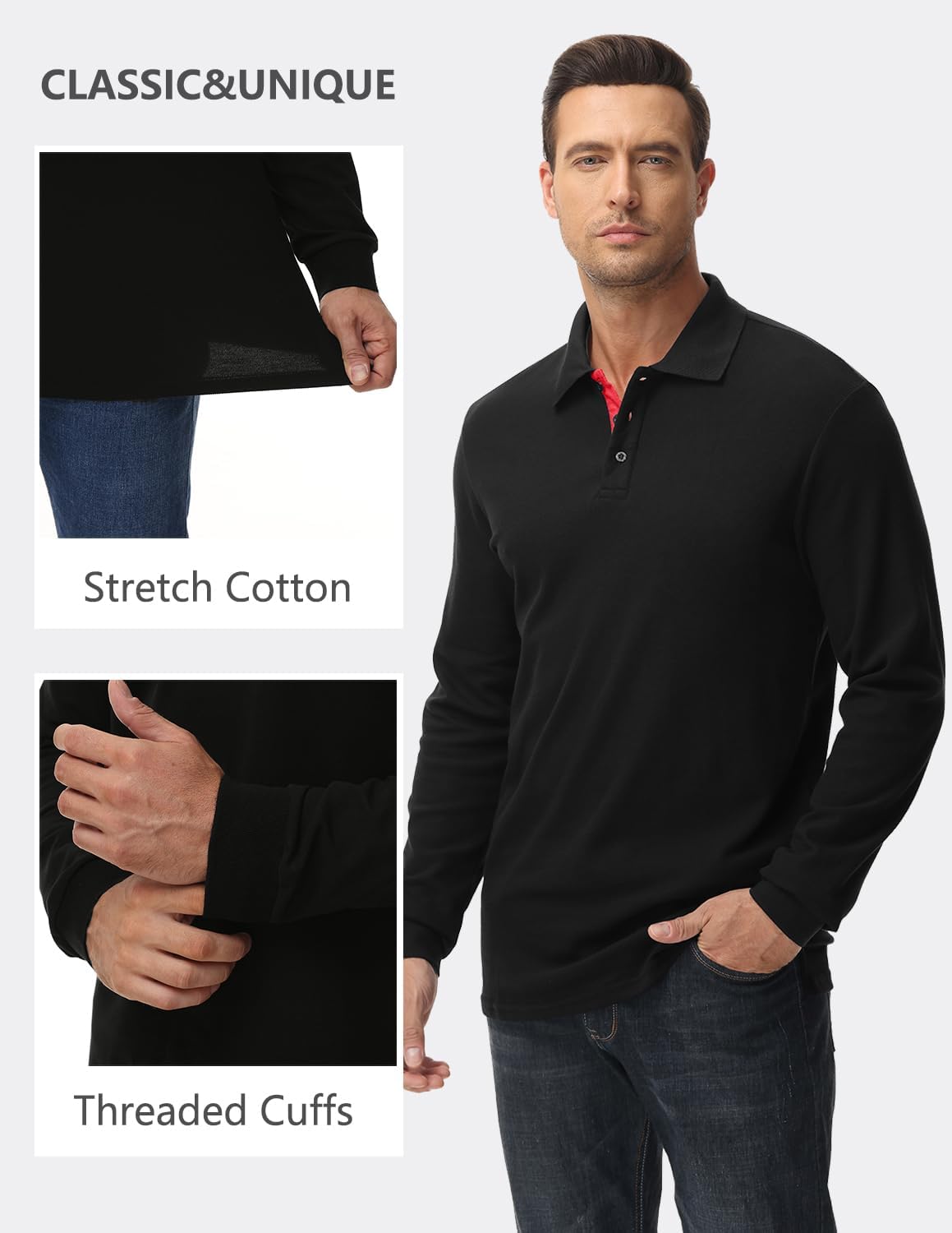 LIUPMWE Polo Shirts for Men Long Sleeve Golf Shirt Slim Fit Classic Plaid Collar Cotton Golf T-Shirts Casual Polo Shirts - Image 5