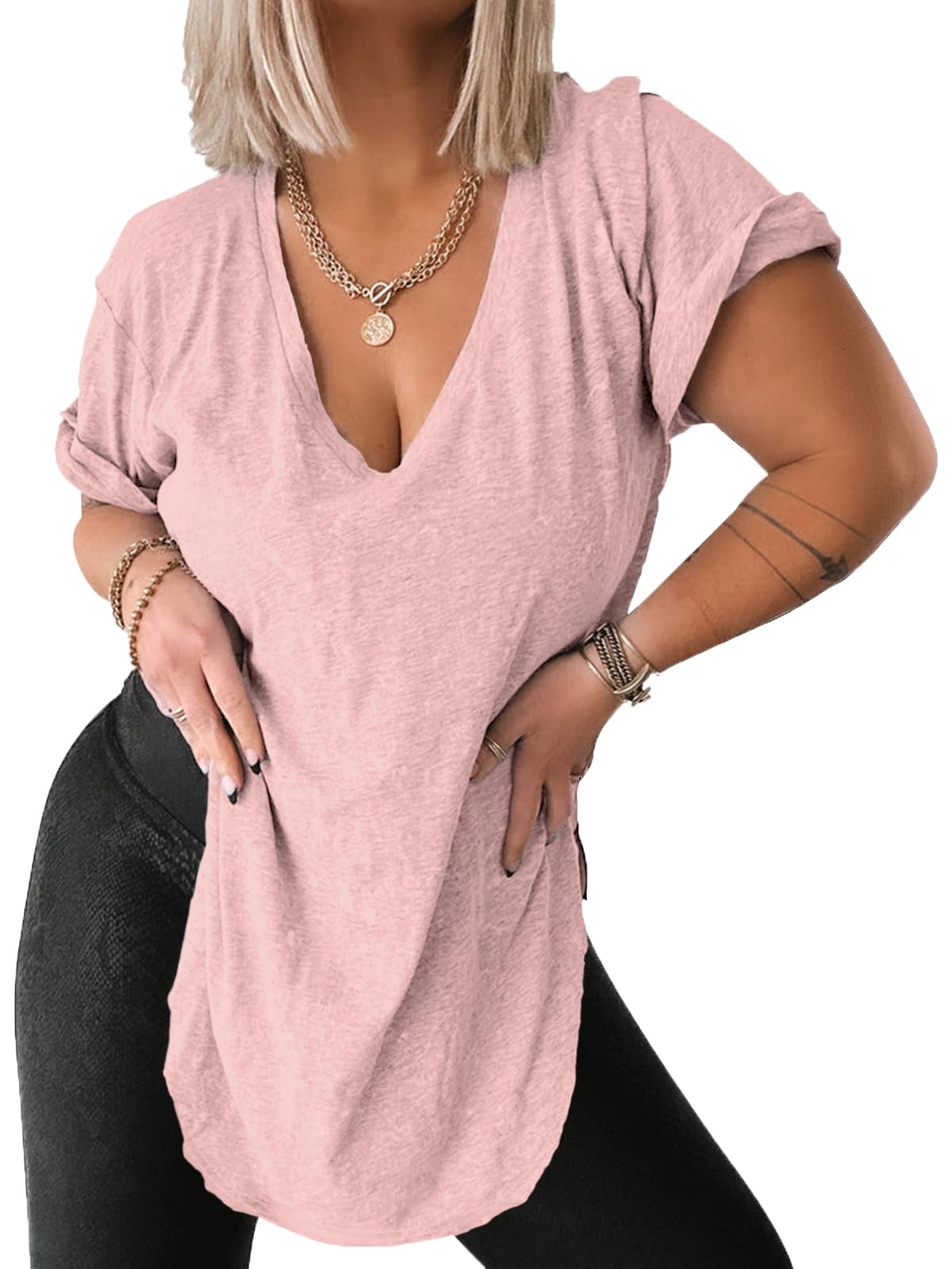 MERRIMISS Womens Deep V Neck Tops Summer Short Sleeve Oversized T Shirt Side Slit High Low Tunic Tops