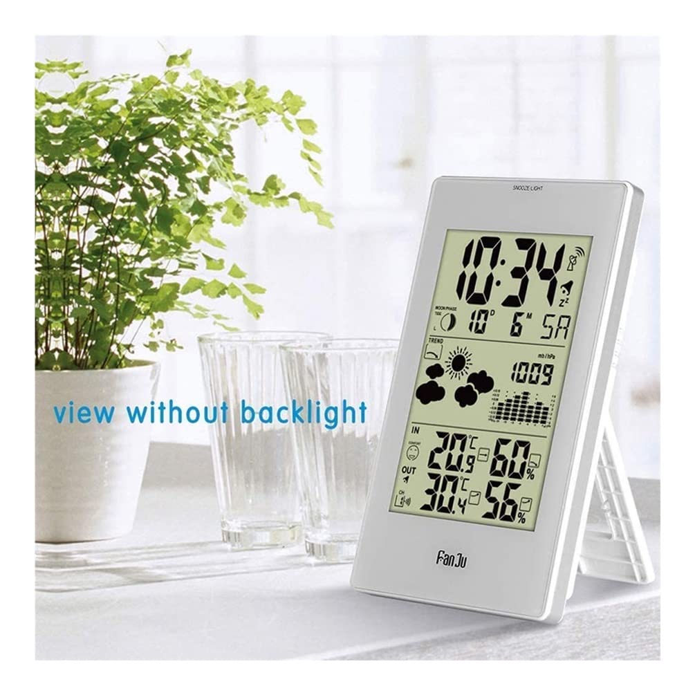 Wetterstation mit Barometer, Forecast, Digital-Thermometer, Hygrometer für den Innen- und Außenbereich, Raumluftbefeuchter mit Wettervorhersage und digitaler Snooze, Weiß