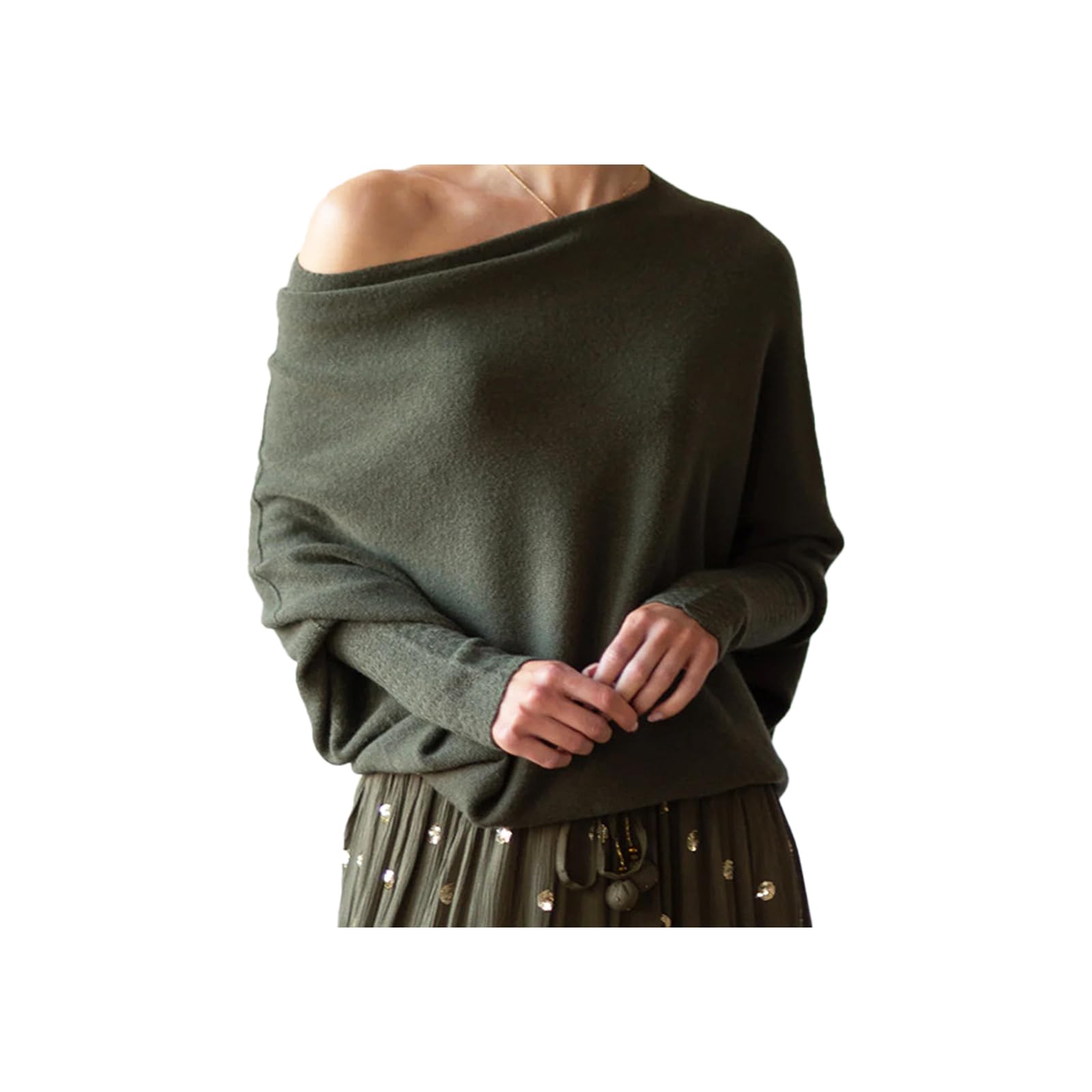 Womens Batwing Sleeve Boat Neck Pullover Asymmetric Draped Long Sleeve Soft Sweaters Fall Lightweight Loose Jumper