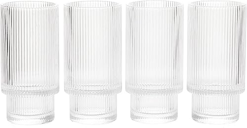 Miniatura 8 de Juego de 4 vasos de cristal vintage Art Deco Highball de cristal acanalado – Ripple, cristalería Collins de 14 onzas, vasos de cóctel clásicos