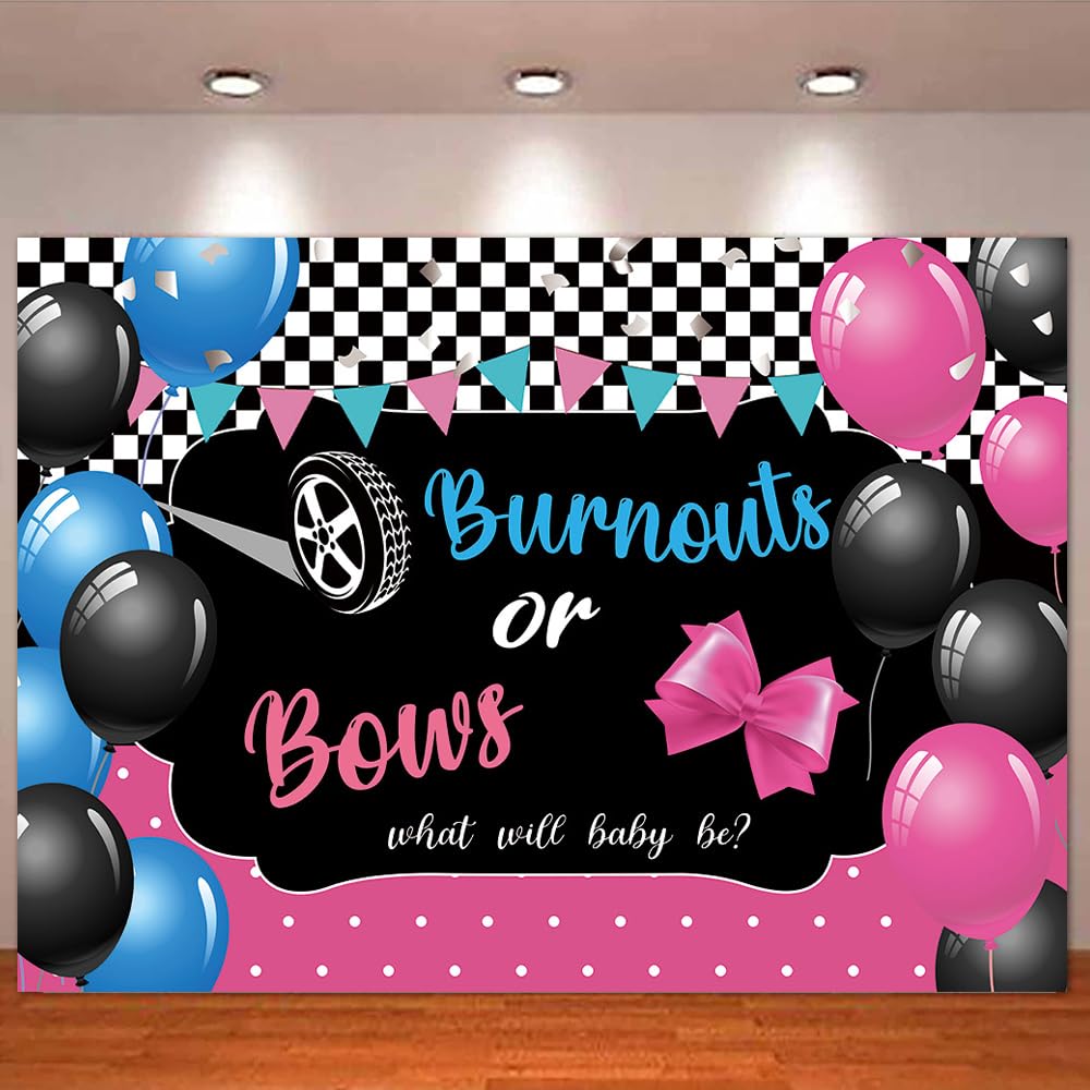 HQM Gender Reveal Theme Burnouts or Bows Photo Banner 71x47.2 Inch Pink or Blue He or She Party Banner Decor Photography Backdrop What Will Baby Be