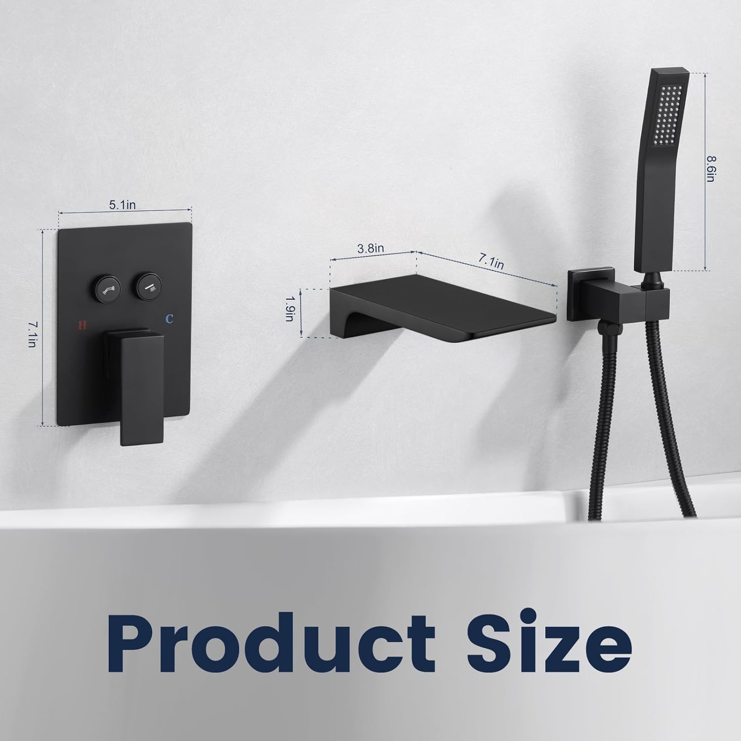 Wall Mount Waterfall Bathtub Faucet,High Flow Bath Tub Faucet Set with Hand Shower, Modern Tub Filler with Dual Control Push-Button Diverter Solid Brass Pressure Balance Valve,Matte Black