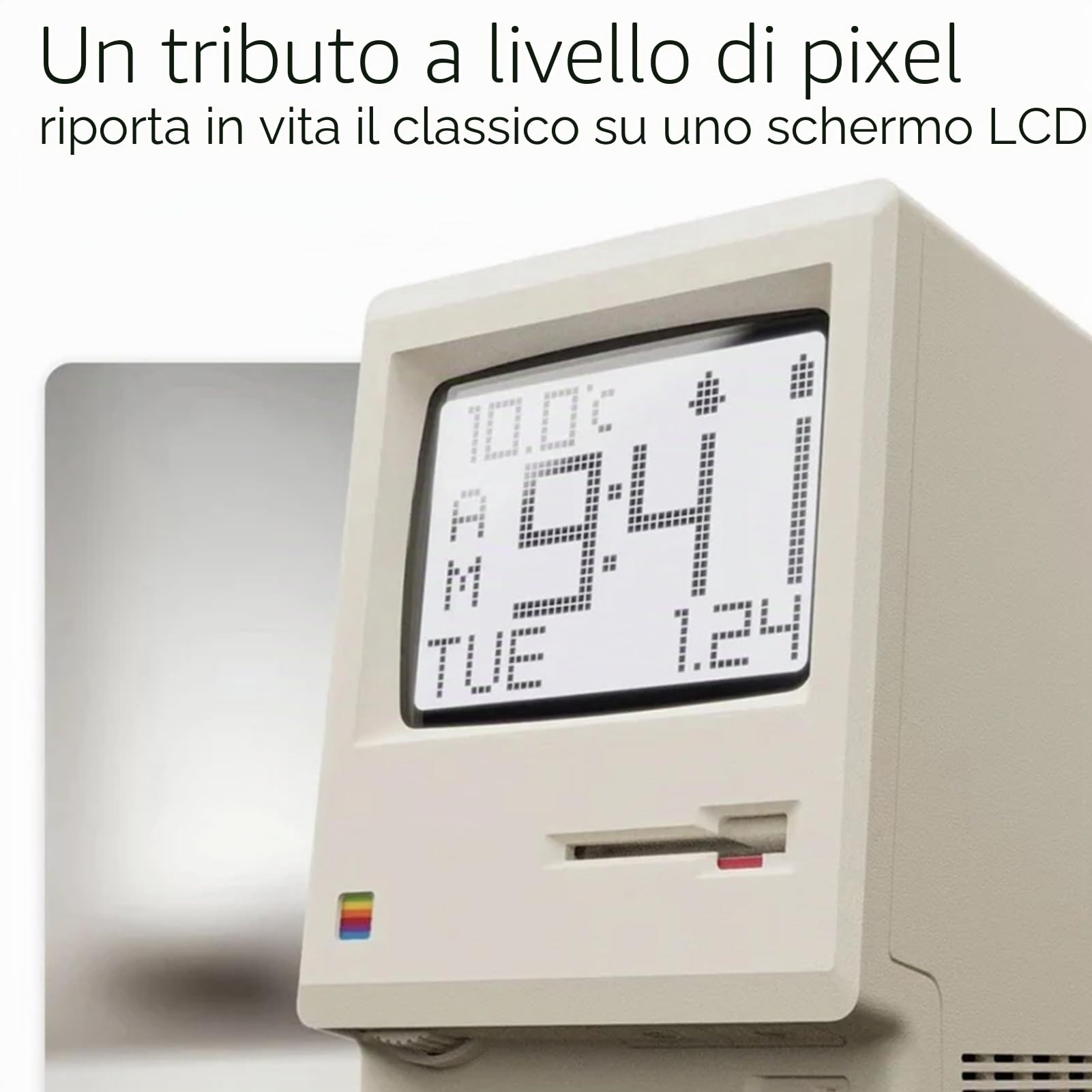 RayCue Maclock WB-8 - Sveglia retrò pixel, 1984, orologio da scrivania USB con display pixel, sveglie multiple, luminosità regolabile, calendario, temperatura, retrò tech
