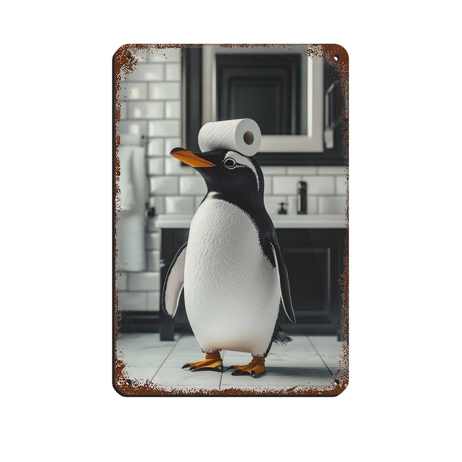Adorable Penguin Bathroom, Cute Animal Retro Poster Metal Tin Sign Chic Art Retro Iron Painting Bar People Cave Cafe Family Garage Poster Wall Decoration 8x12inch(20x30cm)