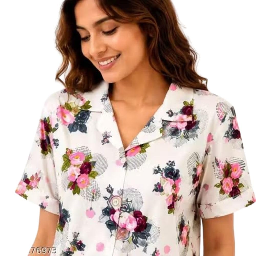 Women’s Floral Print Polycotton Night Suit Set | Half Sleeve Button-Down Shirt & Shorts Co-Ord Sleepwear | Soft Comfortable Nightwear for Women-picture-48