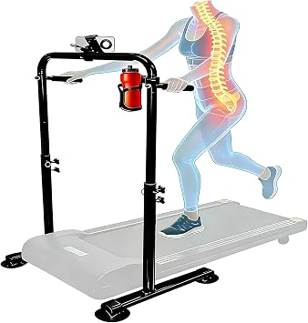 Ergonomic 24.4 Inch Wide Handle Bar for Walking Pad Only,with Phone and Cup, Holder Adjustable Handrail Height from 38.58 to 47.24 in,Saarland Steel, Back Relief&Posture Support Black