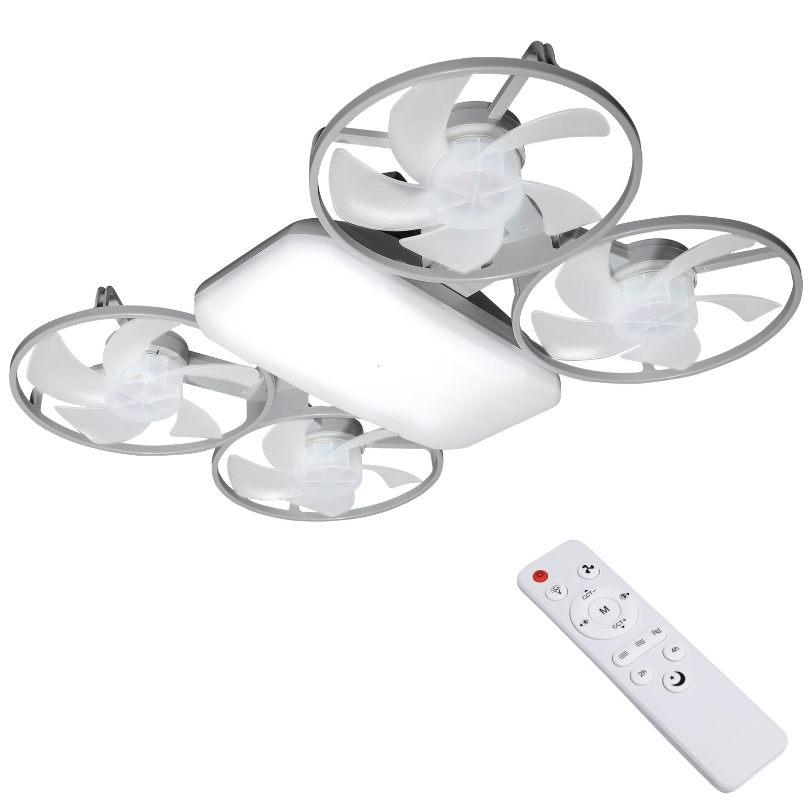 OEHUG Ceiling Fan with Lights,50W E27 Ceiling Fan Light with Remote,2026 New 4 Heads Drone Ceiling Fans LED,3 Speeds Light Dimmable,2H/4H Timer,Ceiling Fan with Light for Bedroom,Kitchen (Grey)