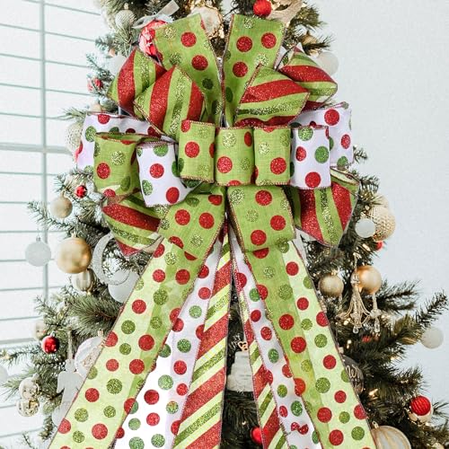 Sailup Christmas Tree Topper Wreath Bow Large Green Christmas Bow Tree Topper,Red Green Dot Polyester Gift Bow For Xmas Ornament Holiday Home Wedding Thanksgiving Indoor/Outdoor Decoration 45 Inchx13 Inch thumb #3