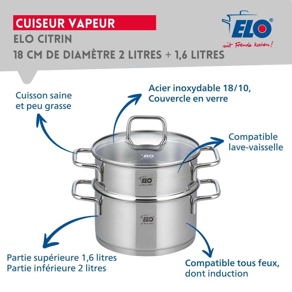 ELO 7271826 Cuiseur vapeur inox, cuit vapeur, petit à vapeur, Acier inoxydable, Verre, 18 x 9,5 cm, Gris, Argenté