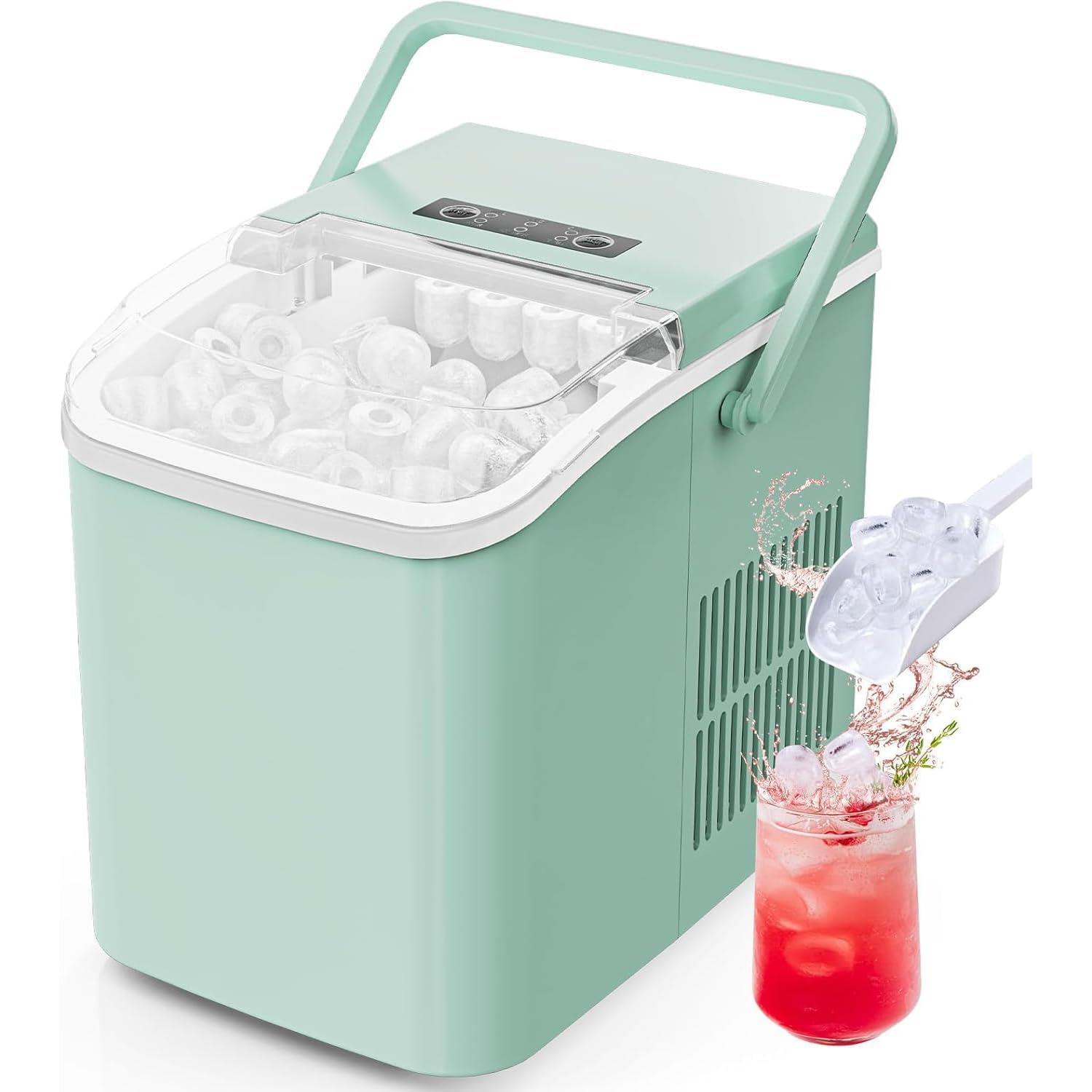Sweetcrispy Countertop Ice Maker with Scoop, Basket and Handle, Portable Ice Machine 9 Ice Cubes Ready in 6 Mins, 26.5lbs in 24Hrs, 2 Sizes for Home Kitchen Office Bar Party, Green