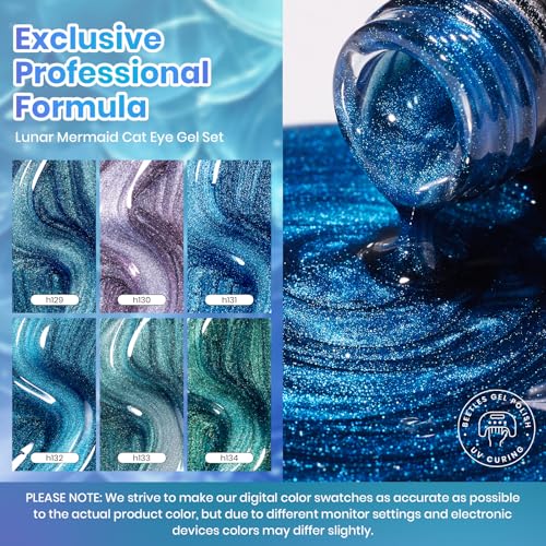 Image of Beetles Cat Eye Gel Nail Polish Set - Lunar Mermaid 6 Colors Summer Gel Nail Polish Kit Glitter Blue Purple Navy Blue Teal Colors Magnetic Shine Soak Off UV Salon DIY Manicure Gift for Women