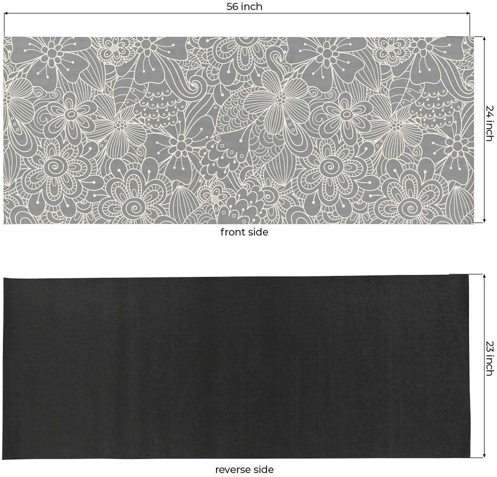 Benissimo-Multy Mats, 24” x 62” Ultra-Thin (1/10 Inch) Kitchen Mat Rubber Backing, Waterproof, Low Profile, Durable & Non Slip, Indoor Floor Mat for Entry, Patio, Busy Areas, Gray Floral Line Doodle